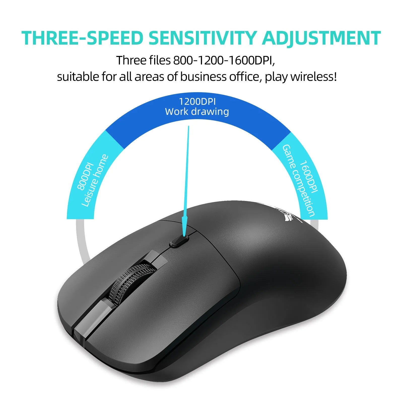 Black wireless mouse with three-gear audio buttons on a laptop desk setup