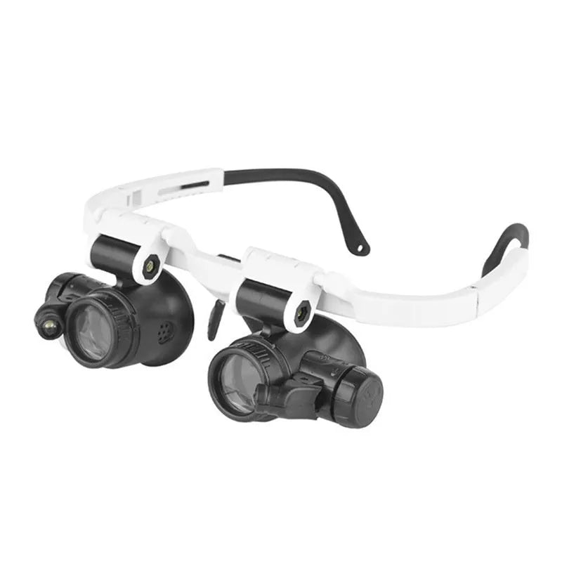 White head-mounted magnifying glass with LED light, shown both unfolded and folded for clock repair work.