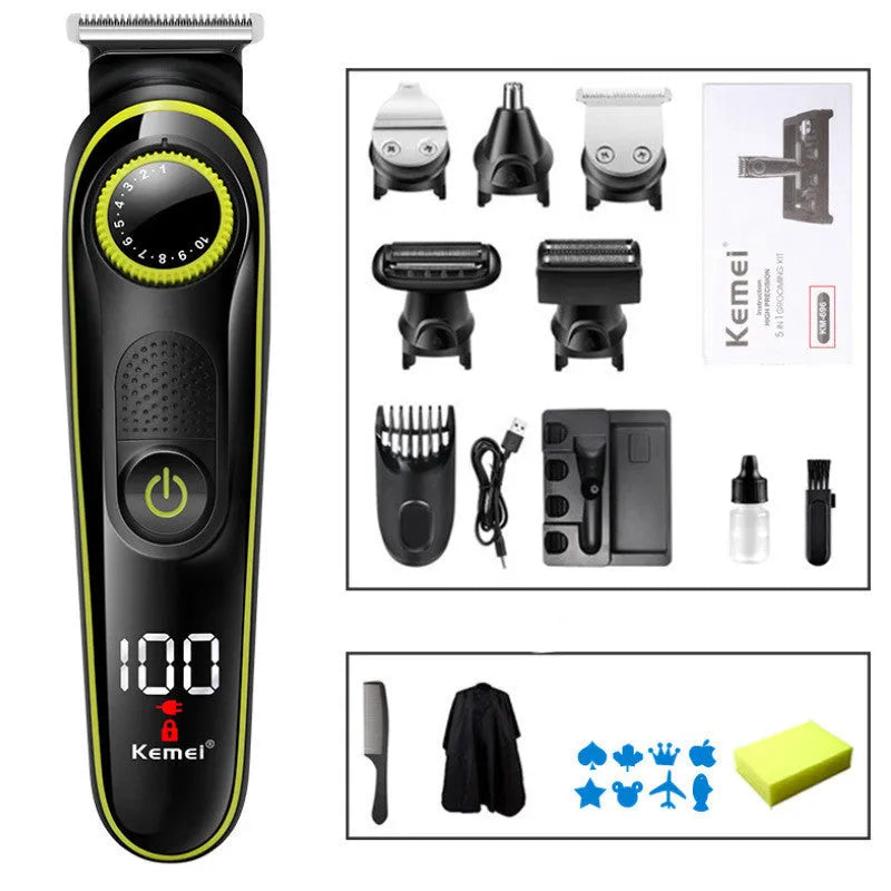 Black rechargeable electric hair clipper set with stainless steel blades, brush, and cloth.