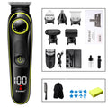 Black rechargeable electric hair clipper set with stainless steel blades, brush, and cloth.