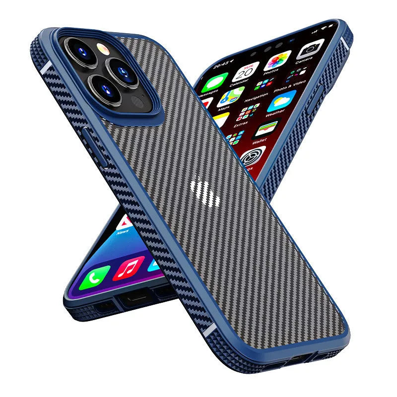 Black iPhone 13 protective case with carbon fibre pattern on a table