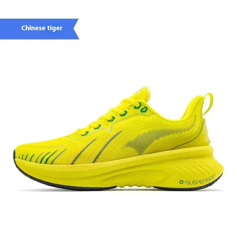 Low-top running shoes in a striped pattern with a breathable mesh upper and rubber sole.