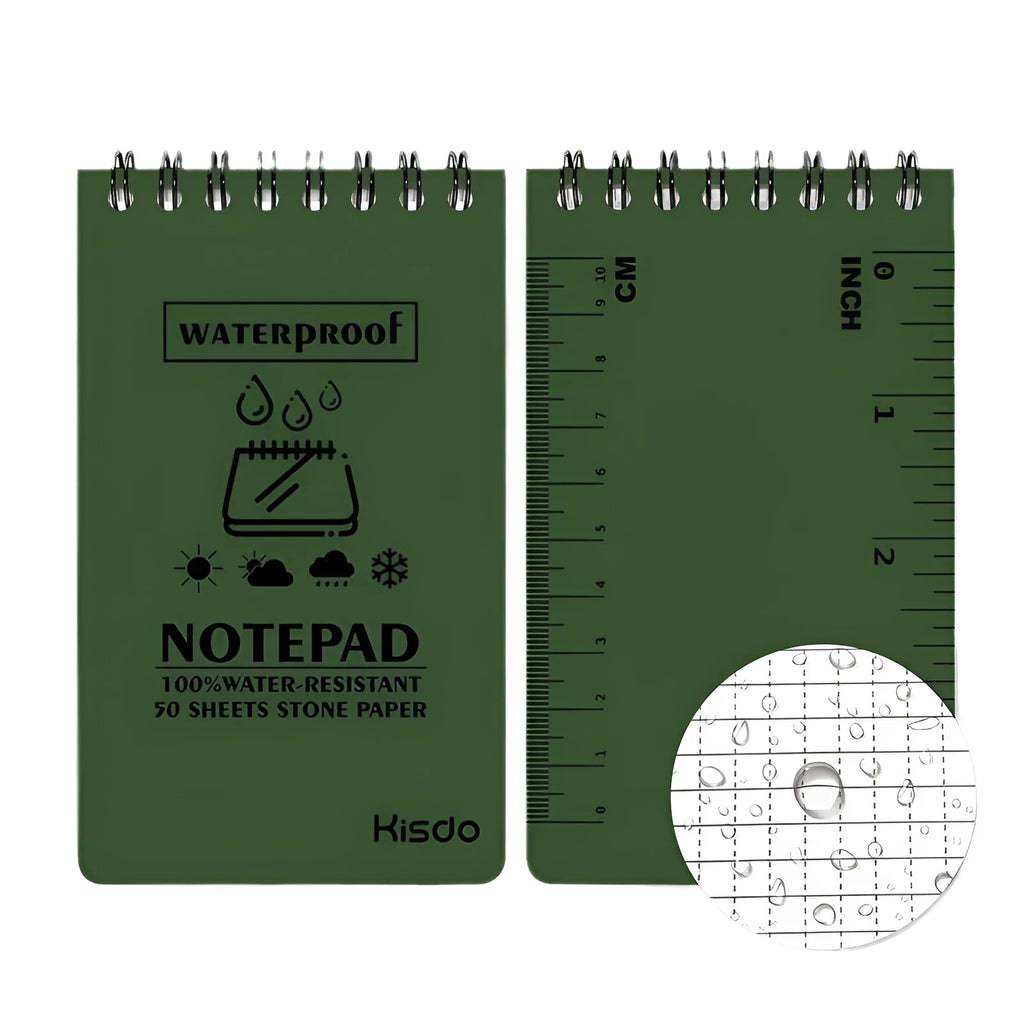 Spiral-bound waterproof office notepad with PP cover and stone paper, shown in camouflage colour.