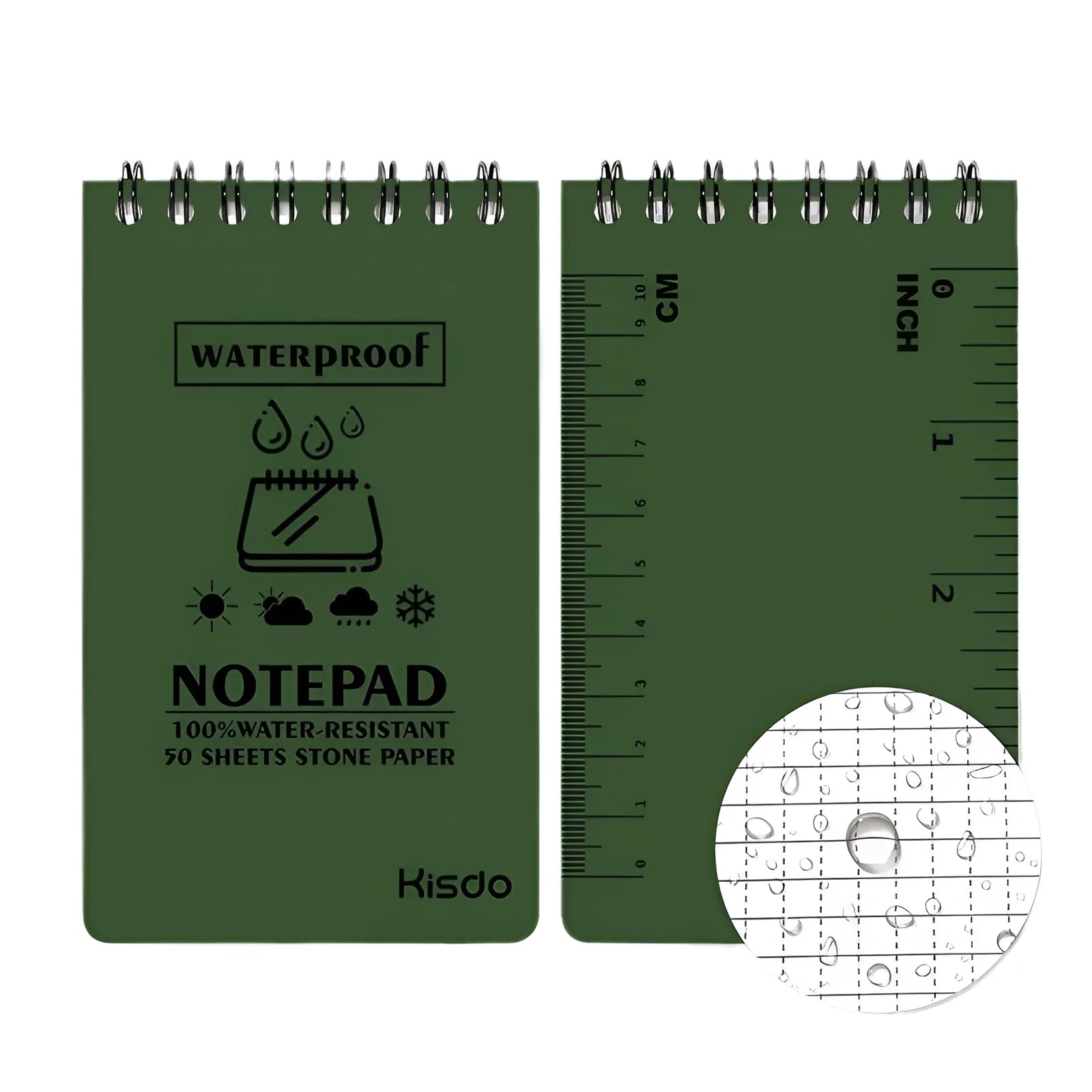 Spiral-bound waterproof office notepad with PP cover and stone paper, shown in camouflage colour.