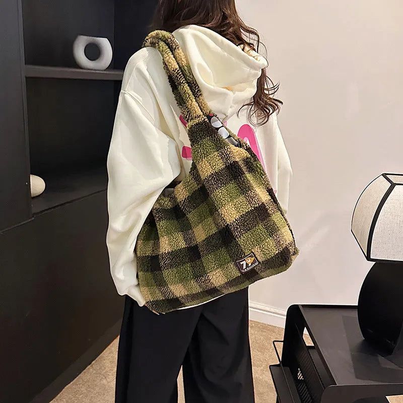 Women's plaid soft plush crossbody tote bag in army green showing large capacity and zipper compartment