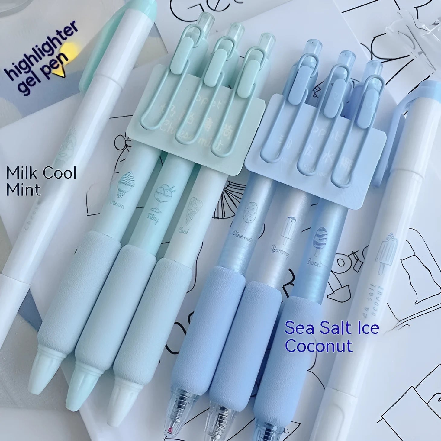 Four double-headed calligraphy practice pens with 0.5mm tips and fluorescent markers in cheese mint and sea salt ice cup colours.