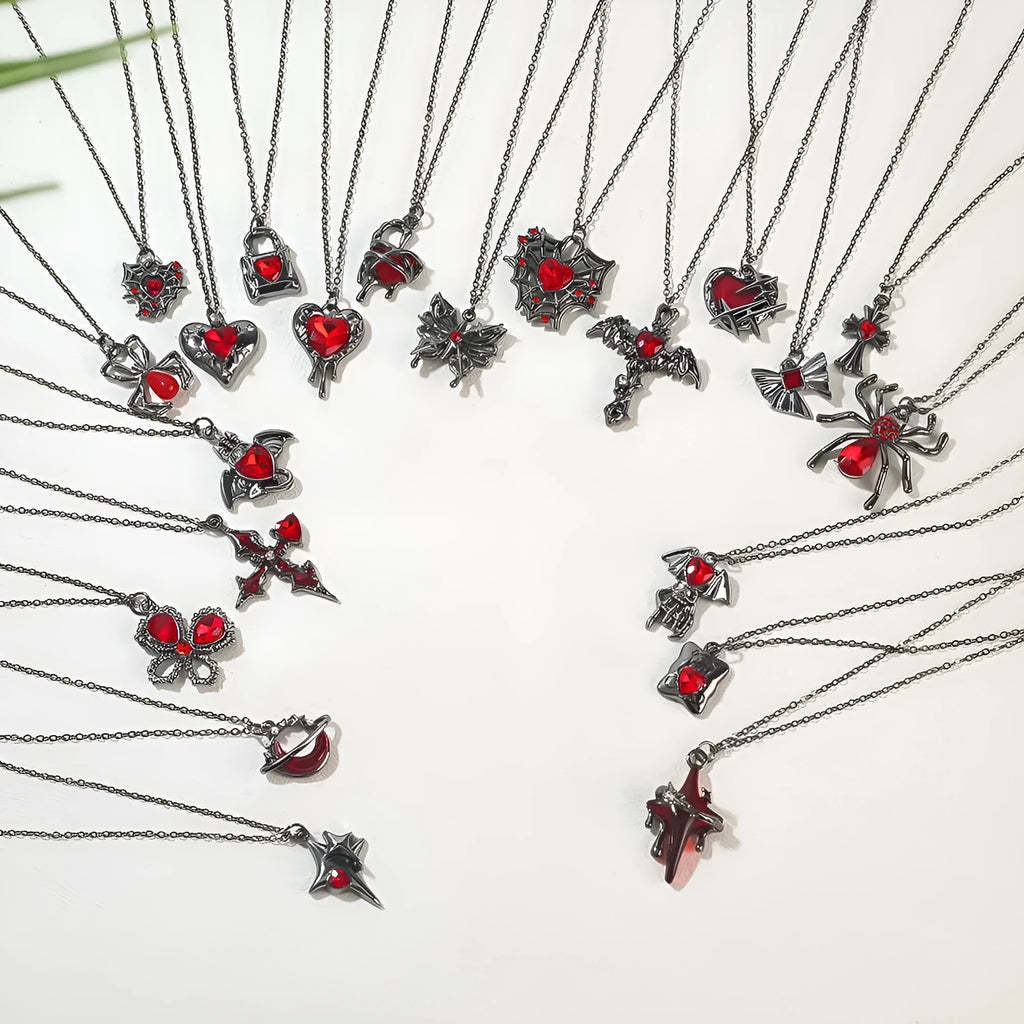 Halloween spider bat necklace with electroplated zinc alloy pendant in gothic designs including cross, skull wings and spider web