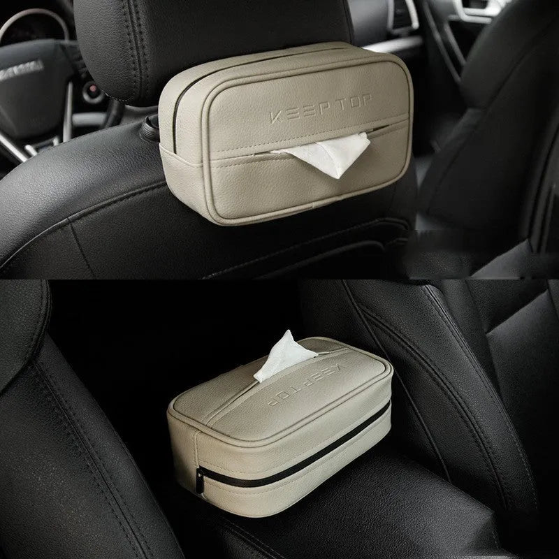 Black leather hanging organiser bag with zip and two loops, shown next to a beige version.