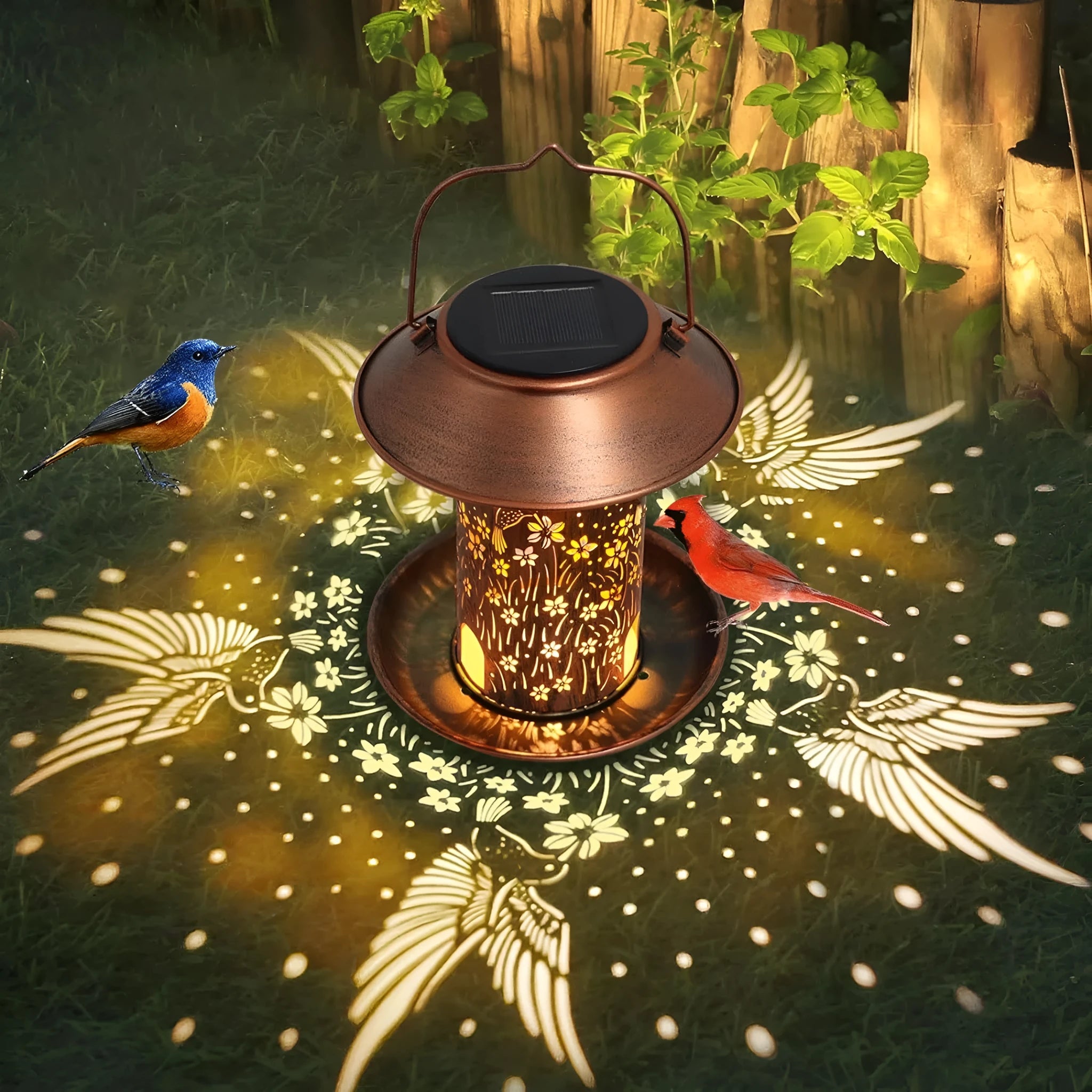 Solar garden lamp and bird feeder with hummingbird design made of iron art.