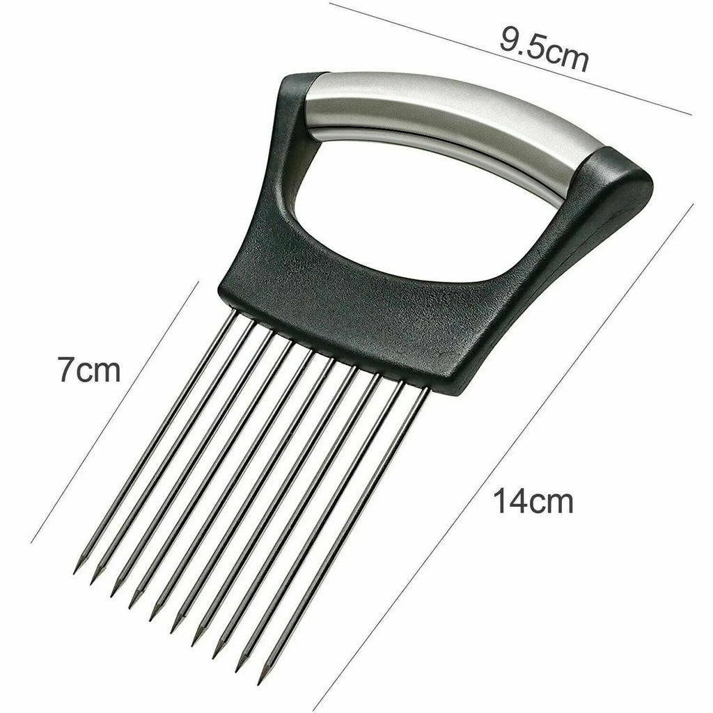 Stainless steel and ABS food slice assistant measuring 14cm by 9.5cm for holding vegetables during kitchen preparation