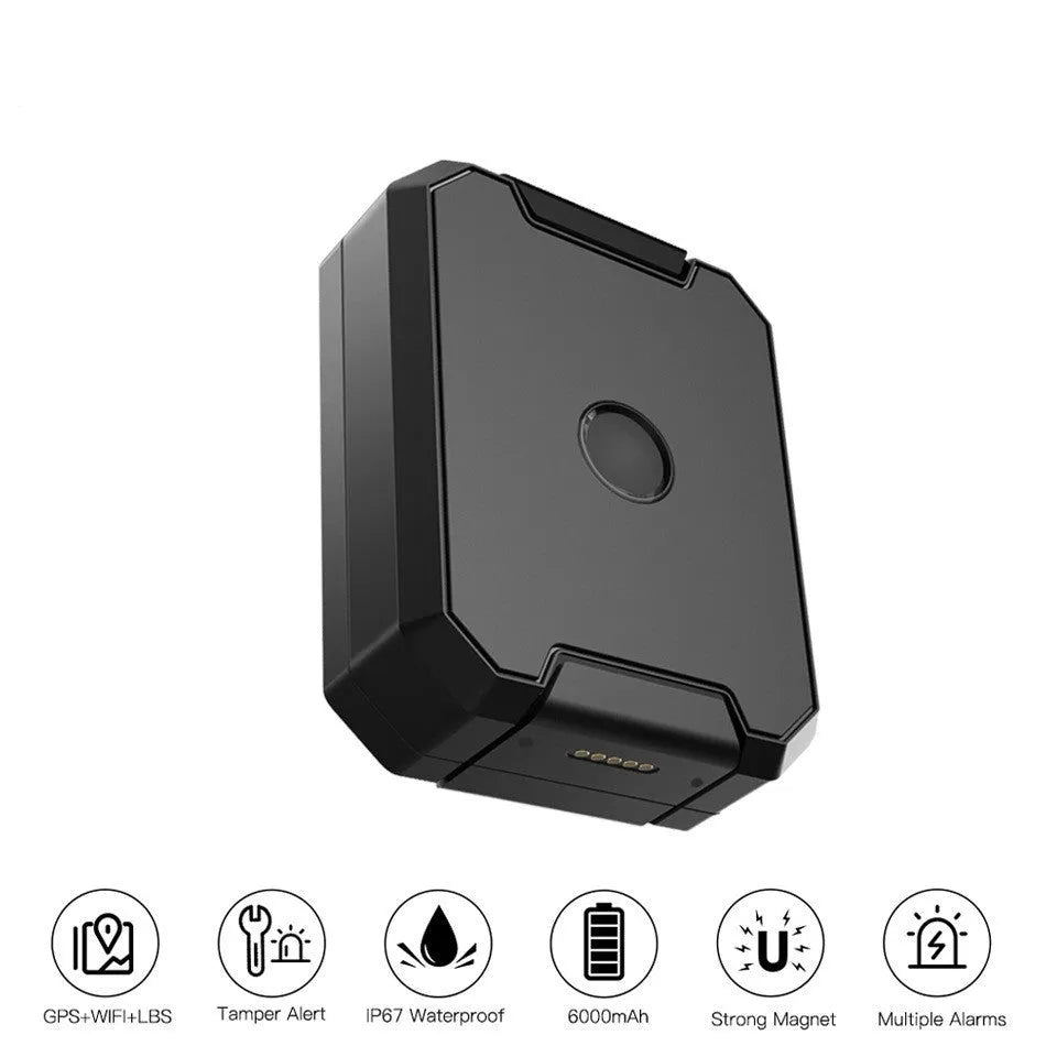 Black GPS car locator device with a 6000mAh battery and ceramic antenna.