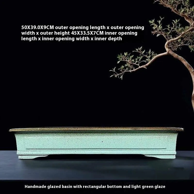Green handmade ceramic bonsai pot with purple sand crackled glaze