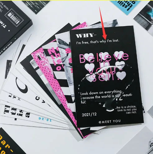 Creative postcard set showing two distinct artistic designs for gift messages and handwritten blessings