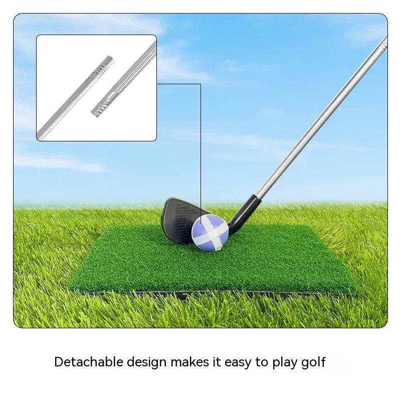 Metal golf club set showing adult and children's sized clubs for outdoor sports practice