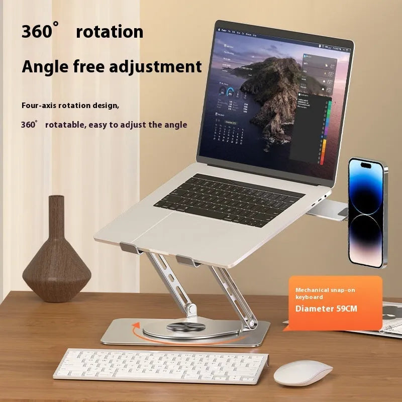 Silver carbon steel laptop stand with a rotating arm and magnetic mobile phone holder.
