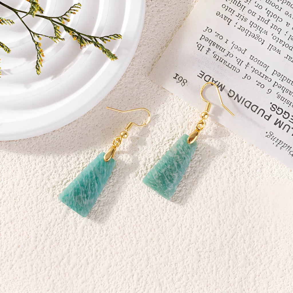 Amazonite trapezoid geometric earrings with rough stone cutting in gold tone setting