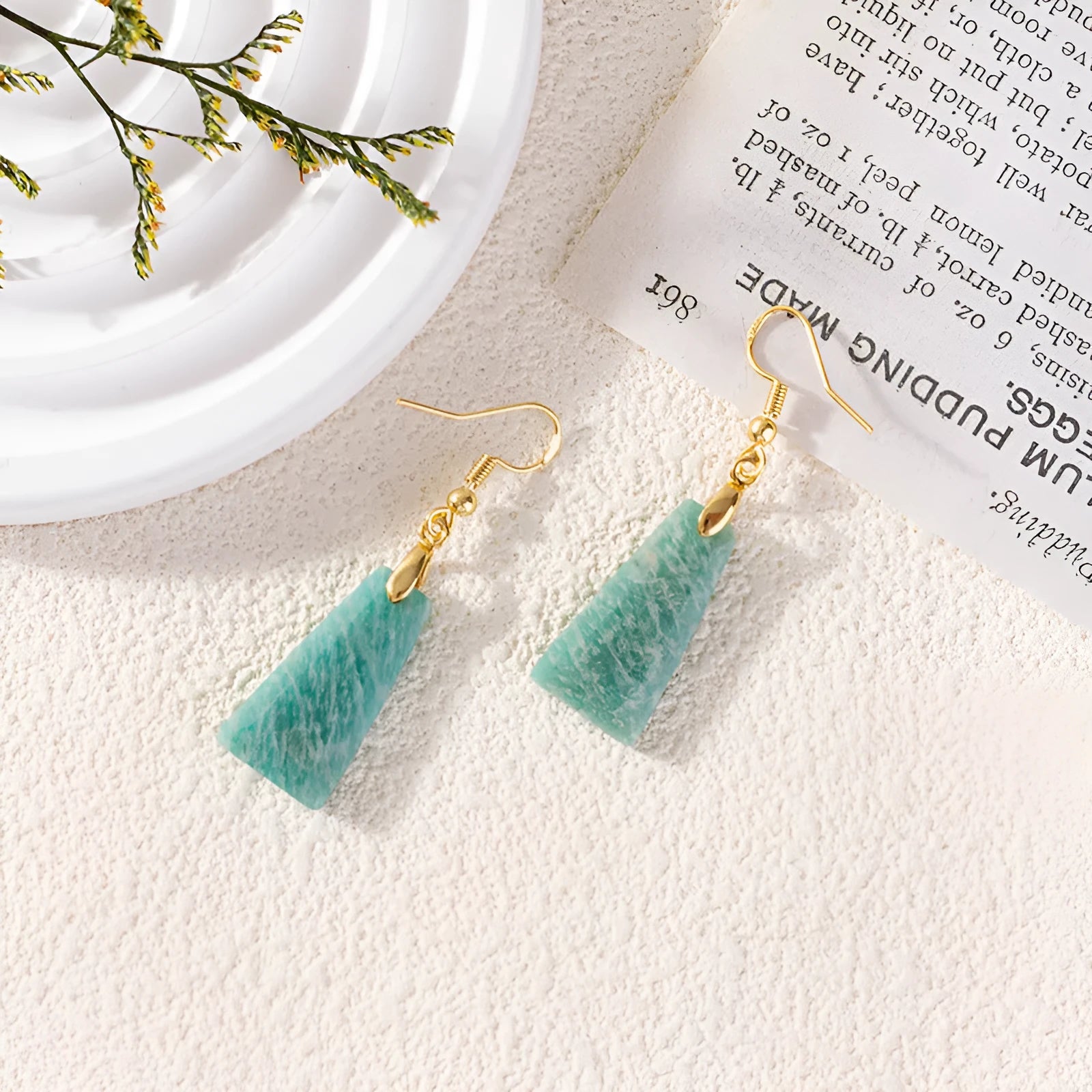 Amazonite trapezoid geometric earrings with rough stone cutting in gold tone setting