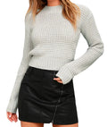 Slim fit round neck long sleeve acrylic pullover sweater in light grey on a hanger