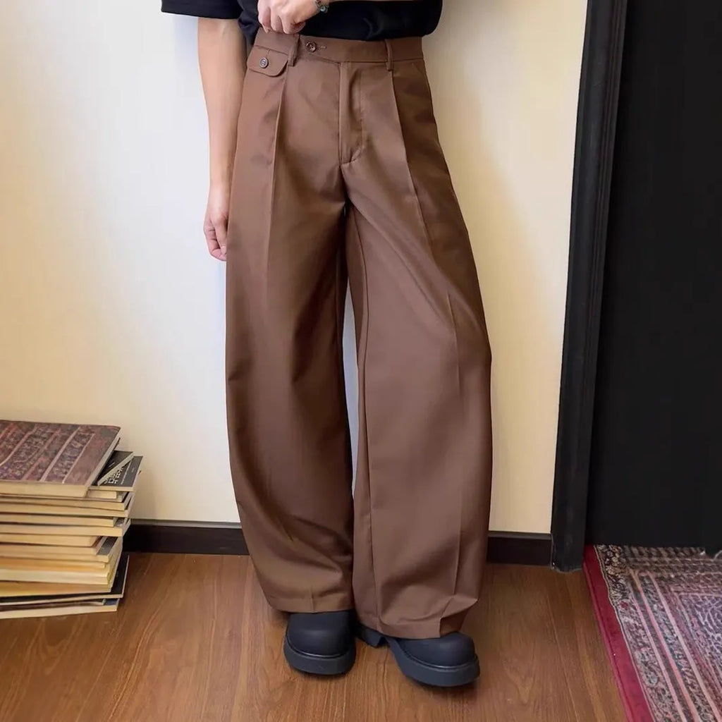 Men's straight-leg casual trousers in black or brown with wide-leg cut