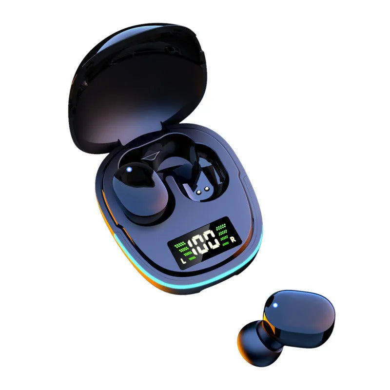 Black true wireless Bluetooth in-ear headphones with charging case showing earpieces and USB cable