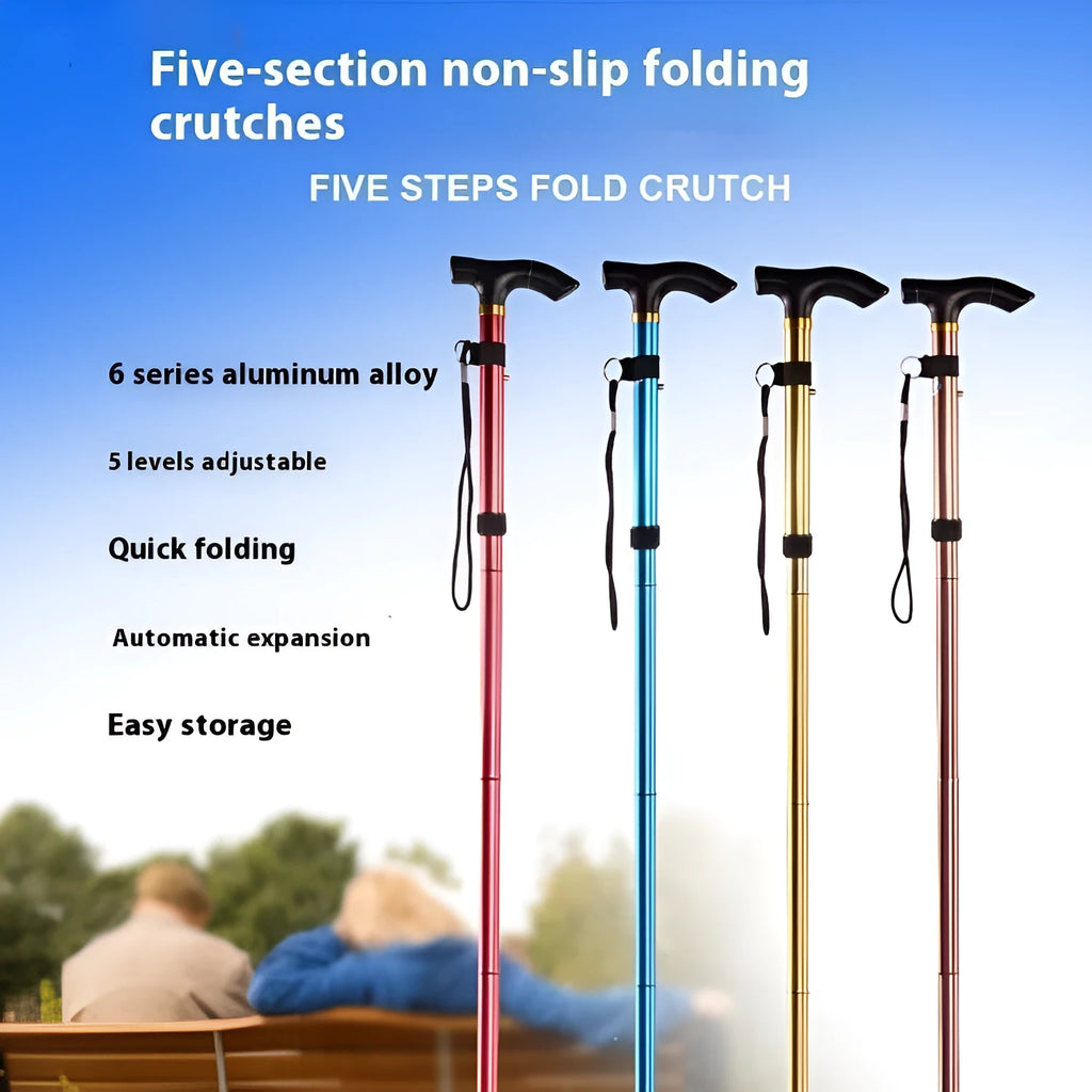 Aluminium folding walking stick with adjustable telescopic height and non-slip rubber tip