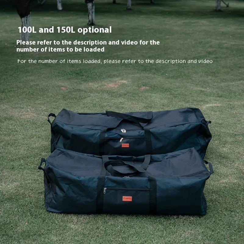 Green waterproof camping storage bag for folding tables and chairs showing expanded and folded sizes