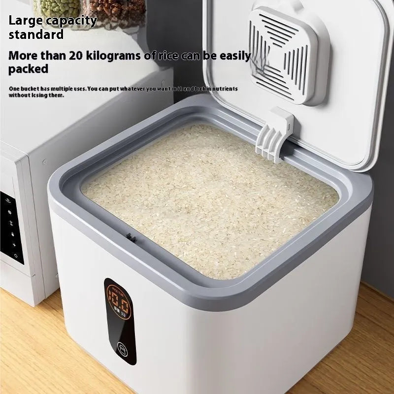 Grey plastic household rice storage jar with a measuring cup, shown in 10kg, 20kg, and 30kg size options.