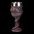 Red wine glass with 3D Chinese dragon design and stainless steel stem in gold finish.