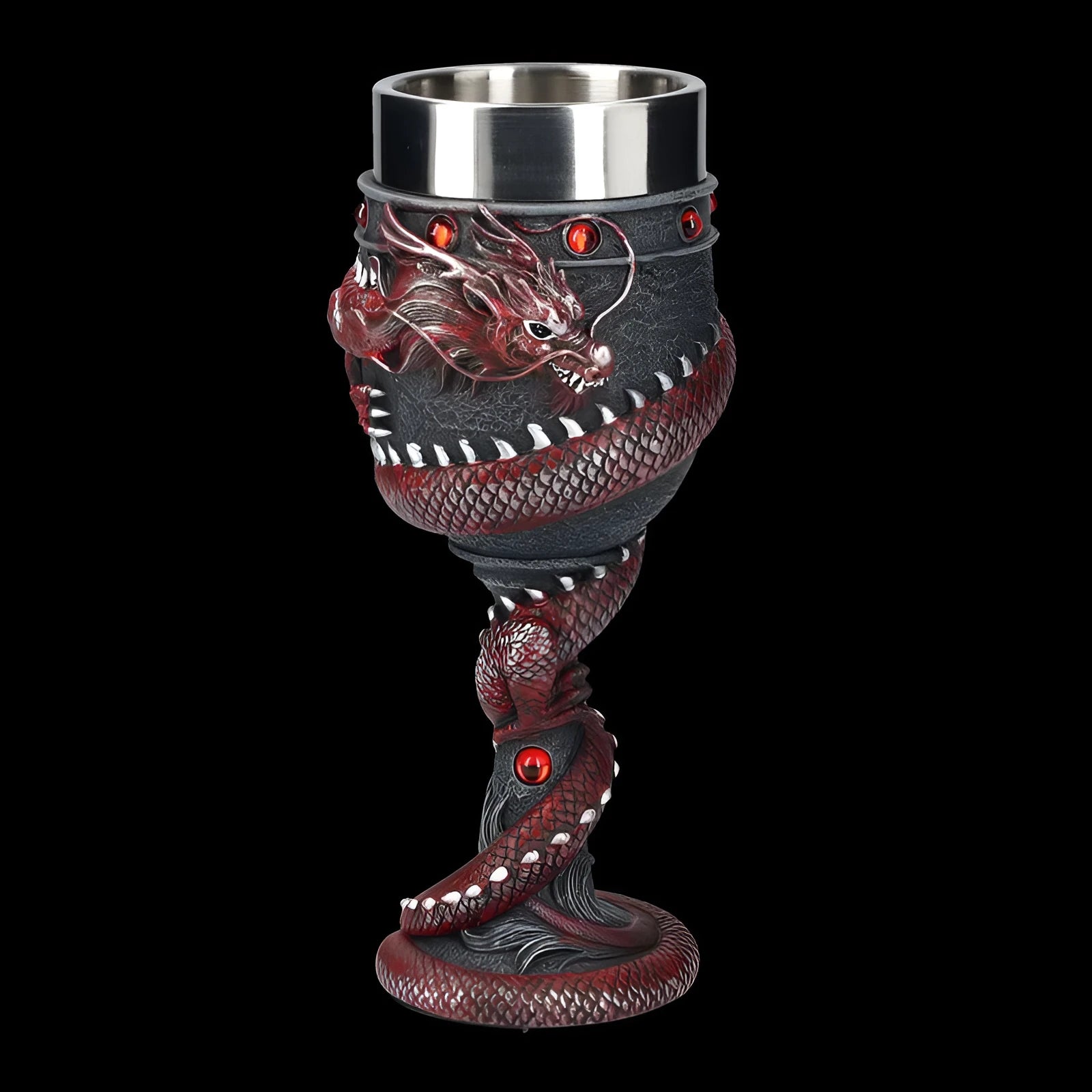 Red wine glass with 3D Chinese dragon design and stainless steel stem in gold finish.