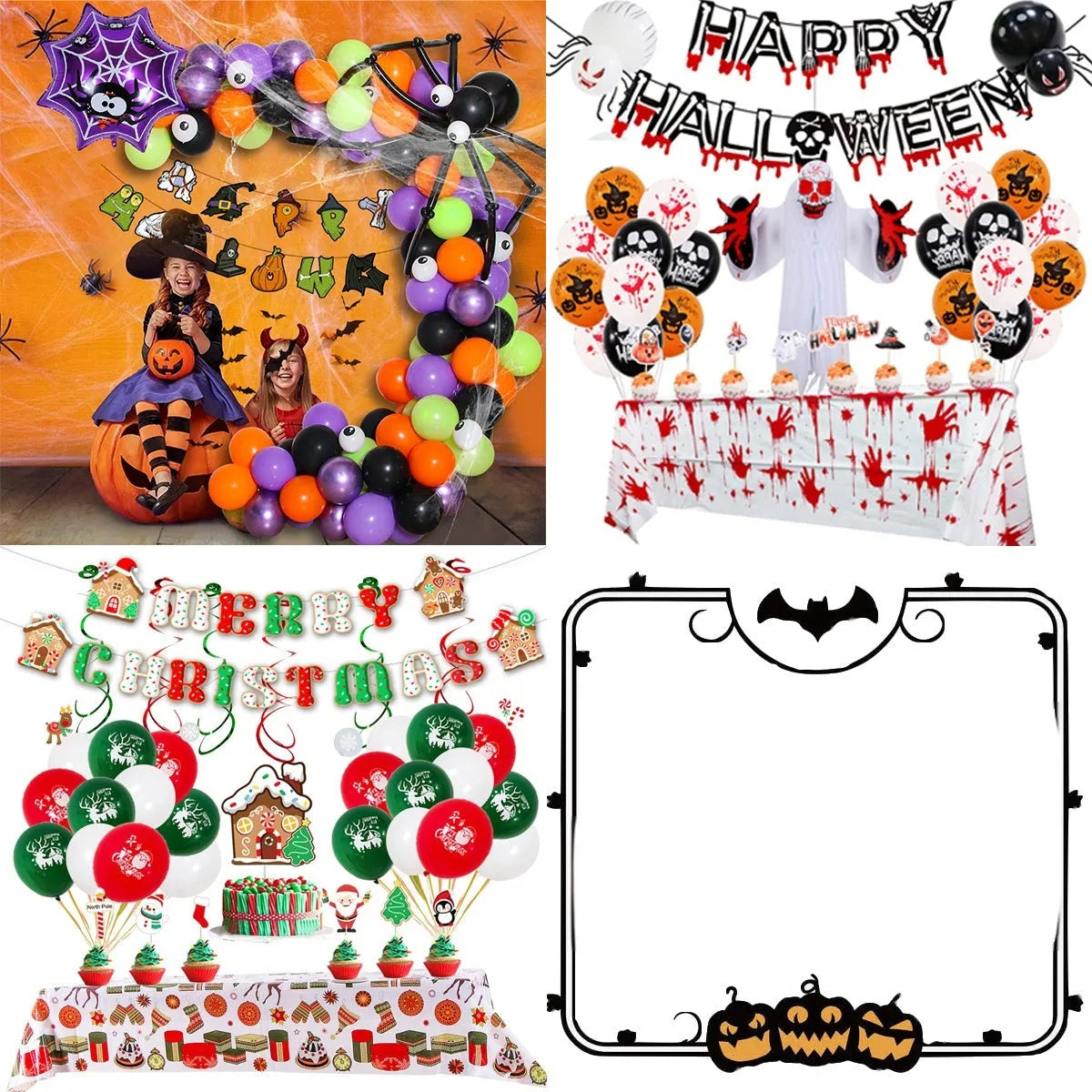 White and black latex Halloween balloons with skull and pumpkin designs for a spider balloon arch.