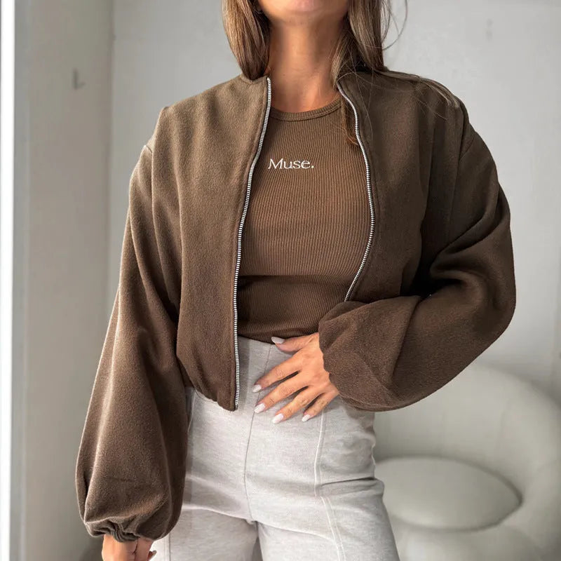 Women's off-shoulder lantern sleeve short coat in milky white or brown colours