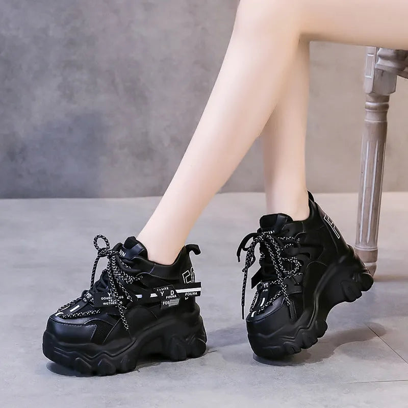 Women's white breathable mesh platform sports shoes with cross strap and round toe