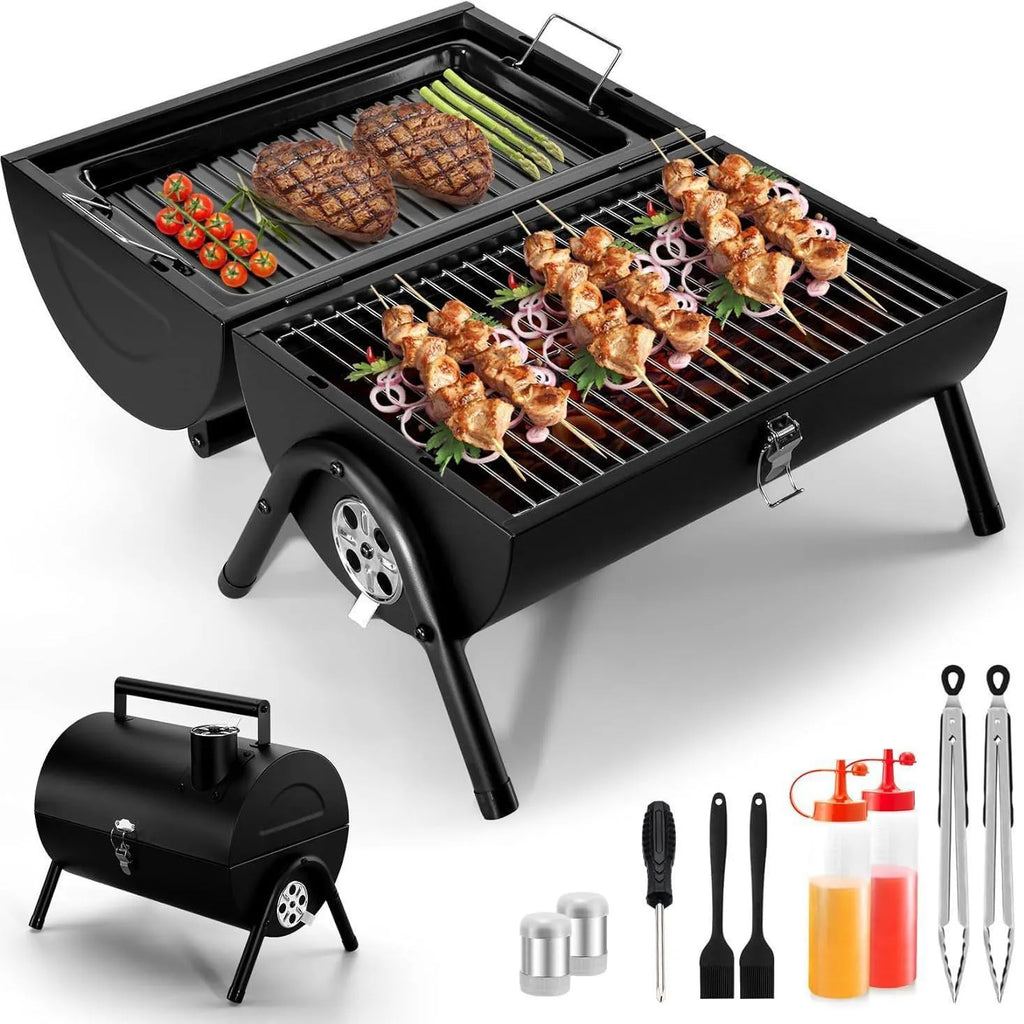 Small folding desktop charcoal barbecue grill showing compact portable design
