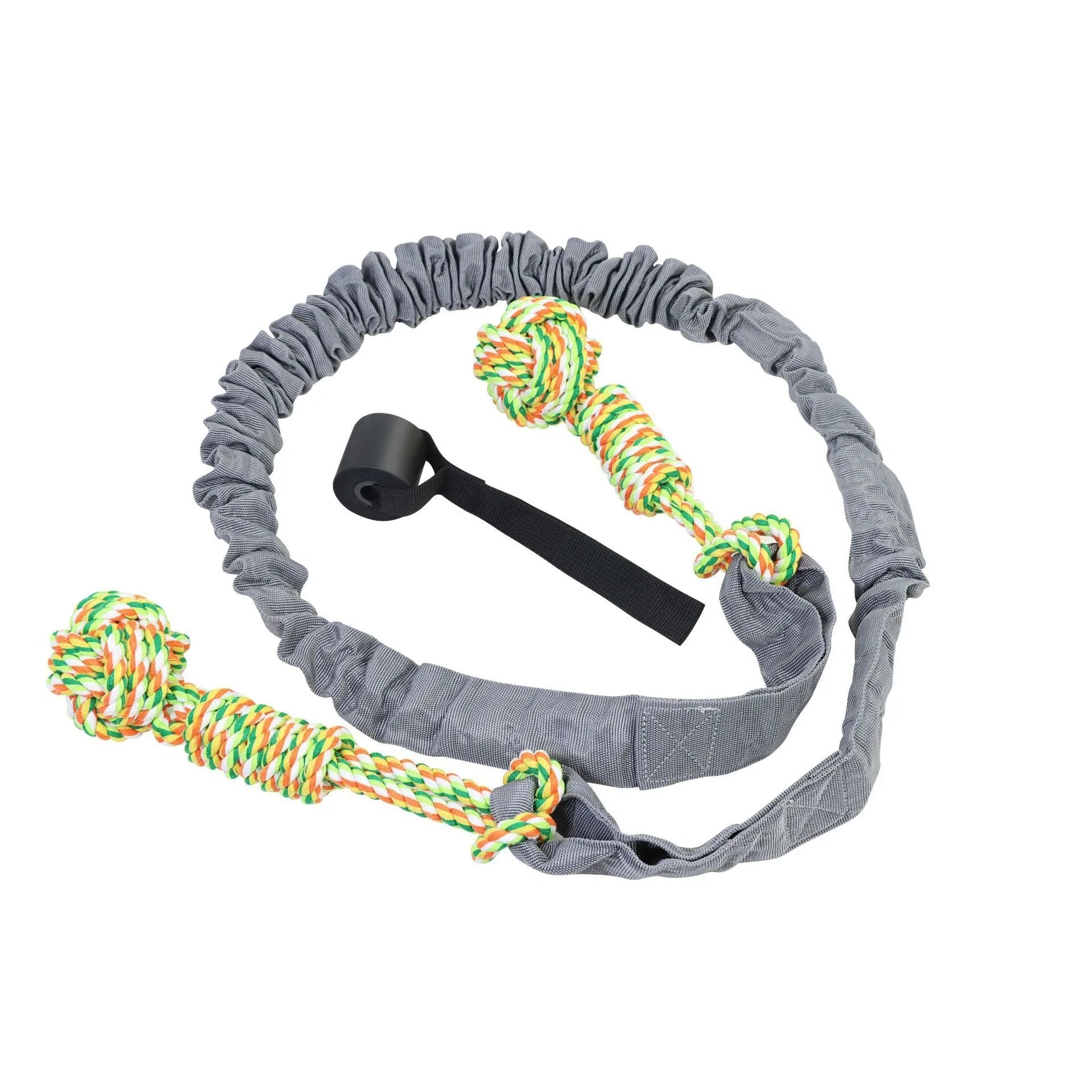 Woven cotton dog tug of war rope toy in black, grey, or red for chewing and interactive play.