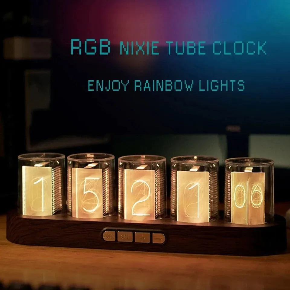 RGB LED digital tube clock showing colourful display with black plastic casing on wooden desk