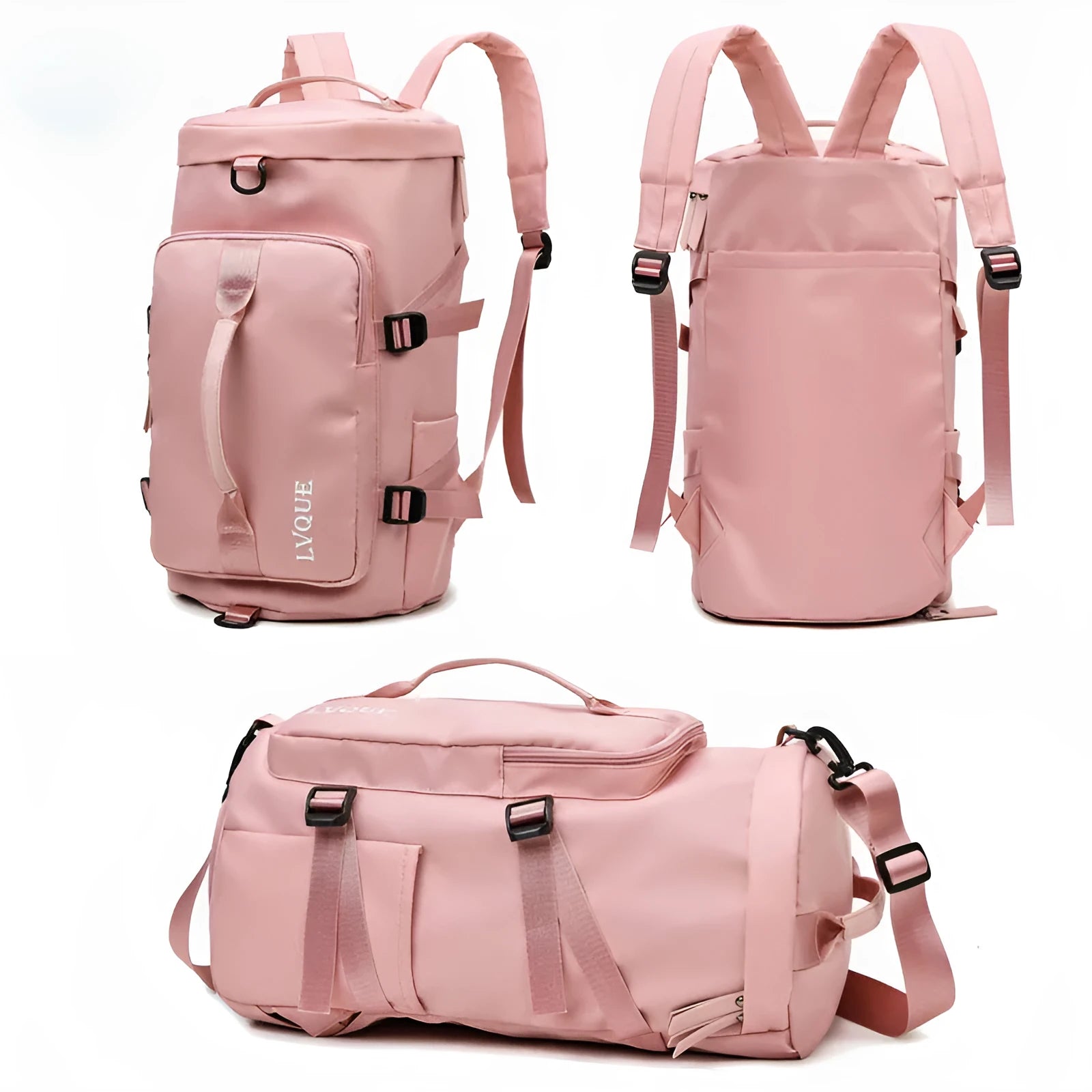 Waterproof nylon convertible gym bag with shoe compartment shown in multiple colour options
