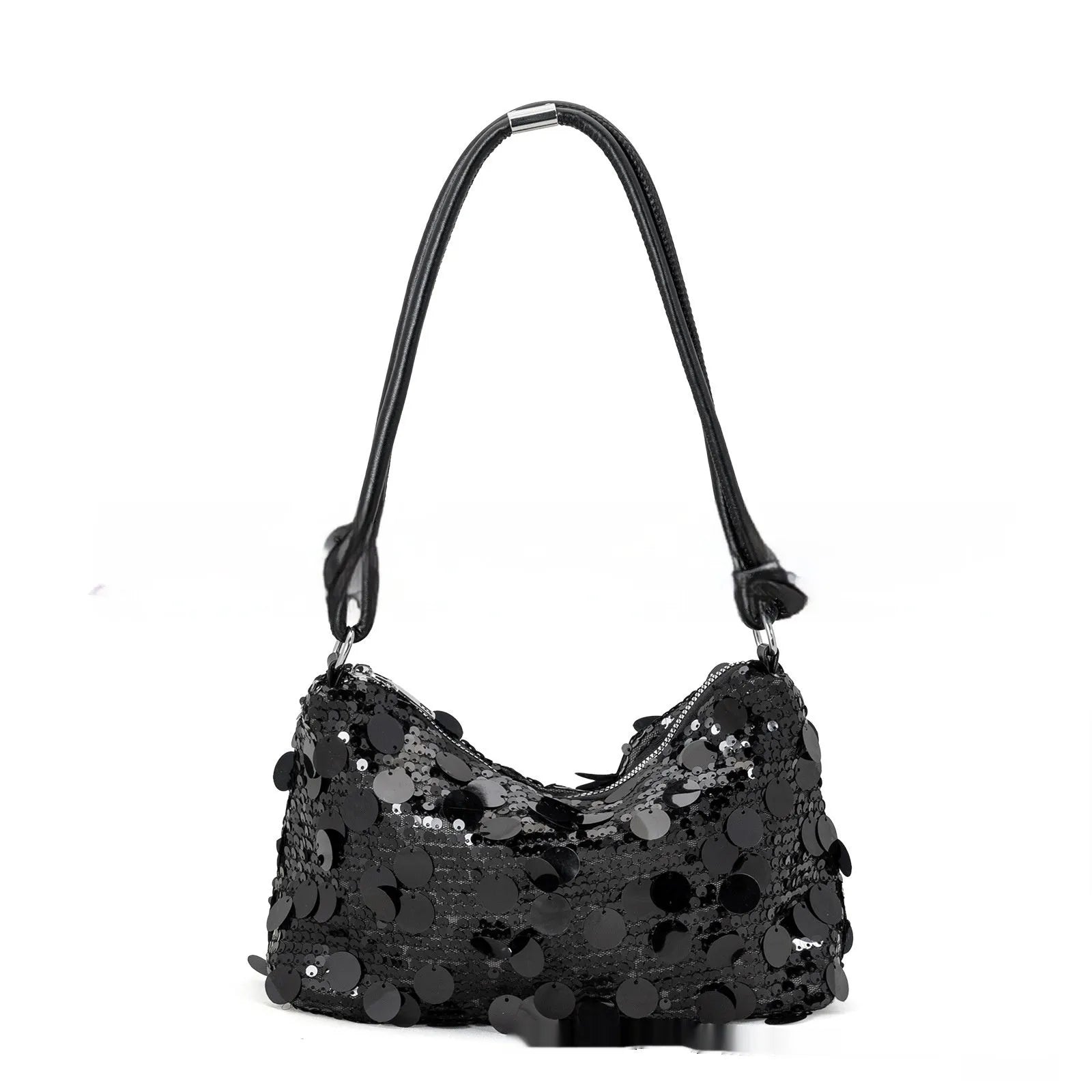 Women's polyester underarm shoulder bag in black colour showing sandwich pocket design and sewing thread detailing