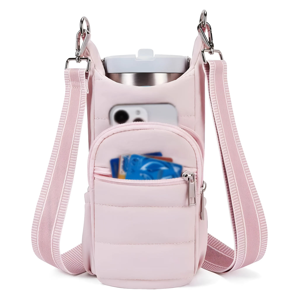 A modern simplicity style cloth water bottle bag for bicycles in a choice of black, pink or beige.