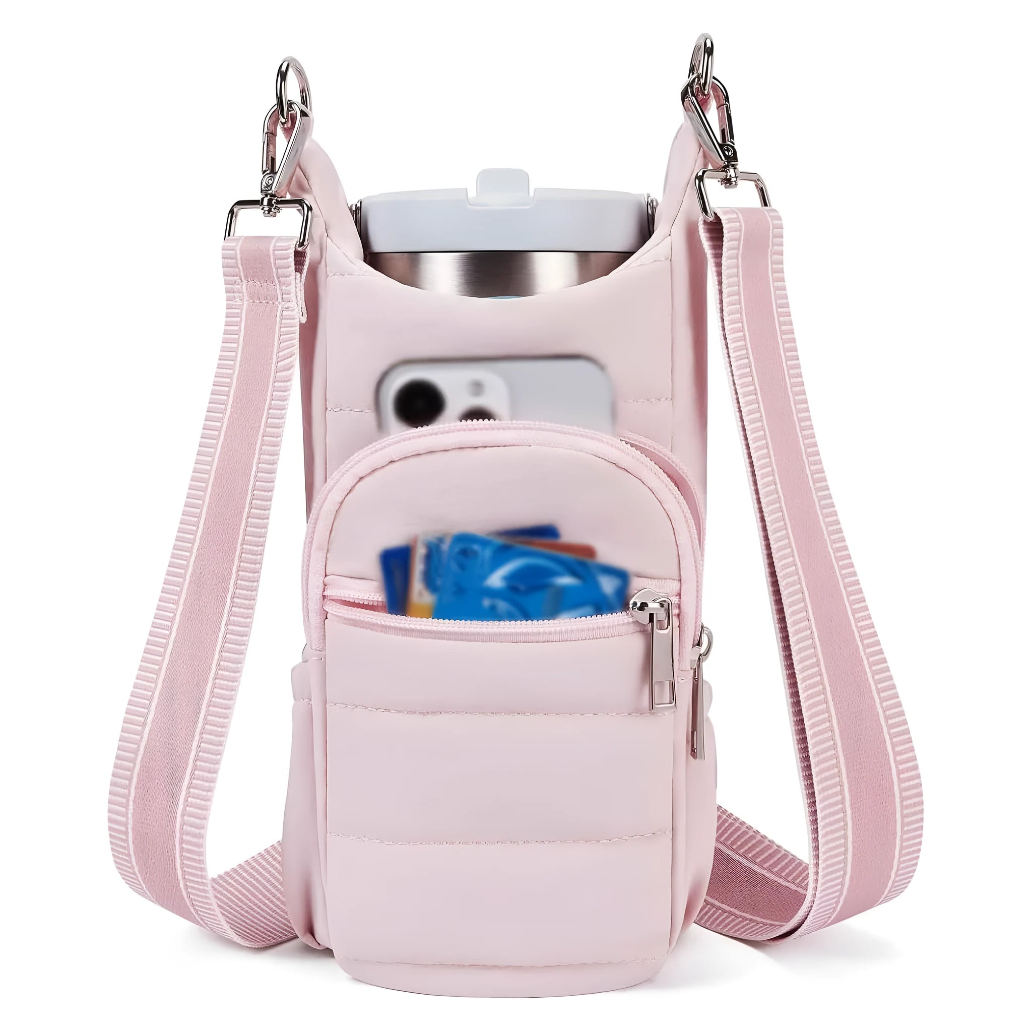 A modern simplicity style cloth water bottle bag for bicycles in a choice of black, pink or beige.