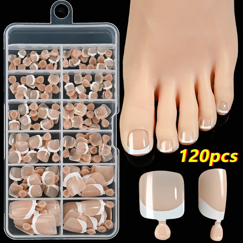Box of 120 French tip artificial toenails in full square short shape with nine nude colour options