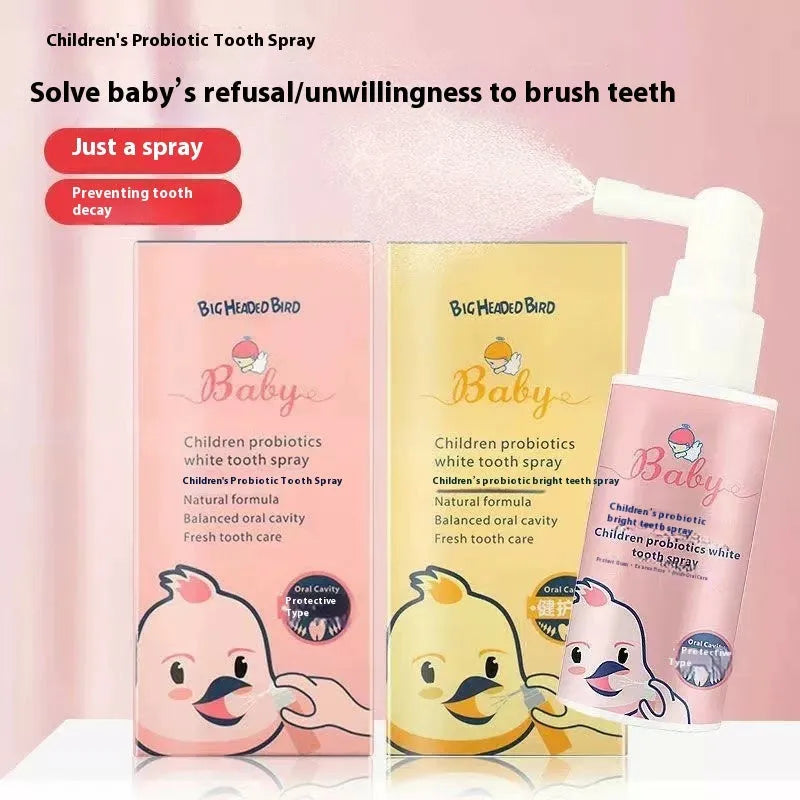Children's probiotics white teeth cleaning spray bottle in strawberry and orange flavours for anticavity protection