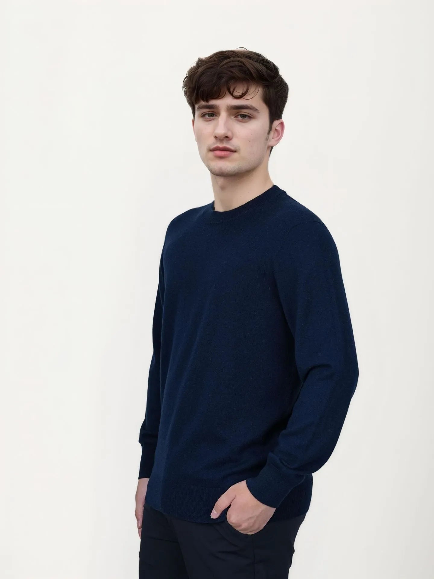 Men's regular-fit pullover sweater in light camel colour, made from standard wool yarn.