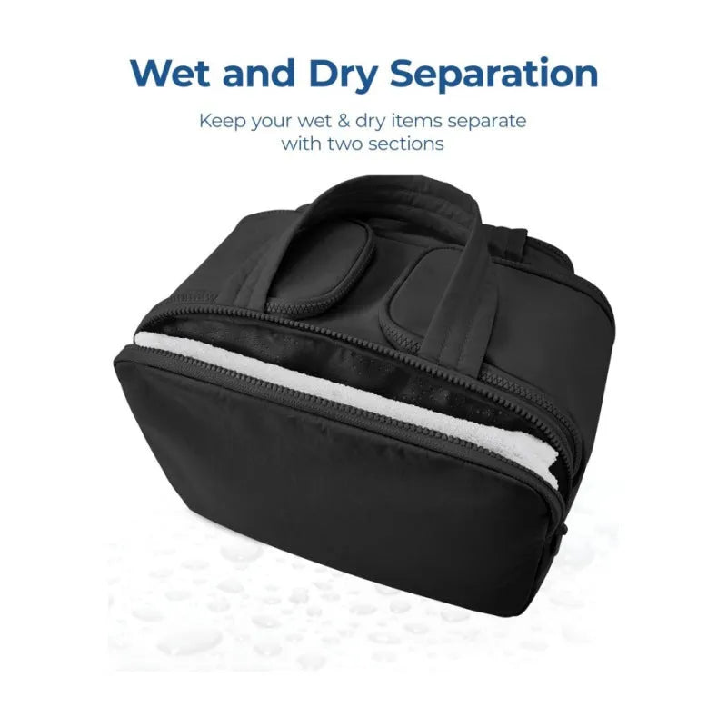 Large travel toiletry bag with wide-open design showing interior storage space