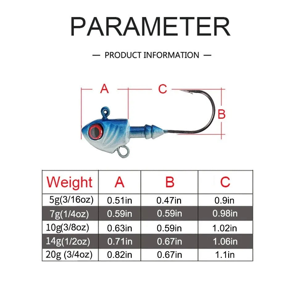 Fish-shaped lead head fishing hook in multiple weight options from 3.5g to 28g