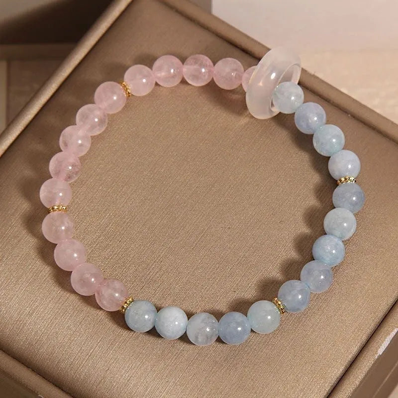 Women's aquamarine dopamine bracelet with pink blue beads and geometric round elements
