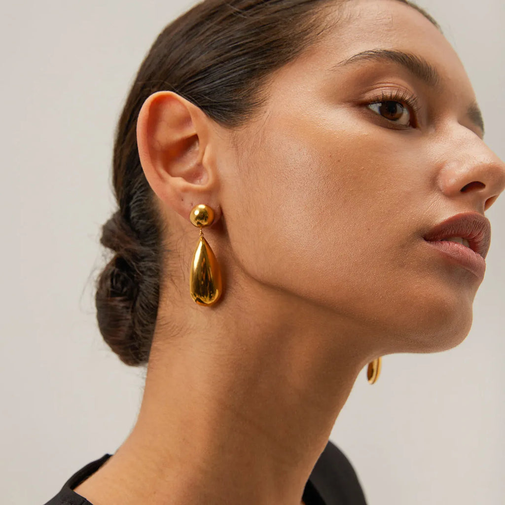 Gold geometric water drop earrings with hemispherical stainless steel construction