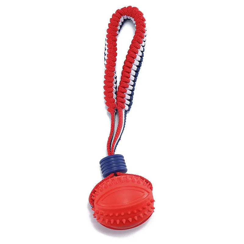 Blue natural rubber dog ball with rope toy showing textured surface, sized for medium and small dog breeds
