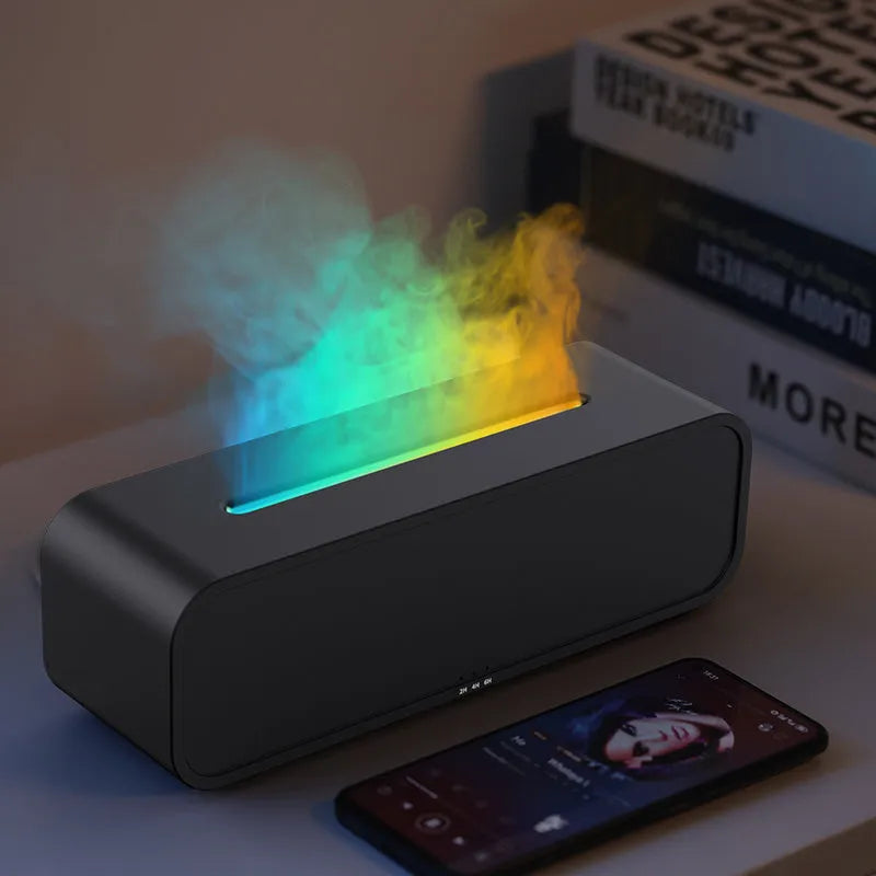 Flame dynamic aroma diffuser with remote control showing colour-changing LED lights