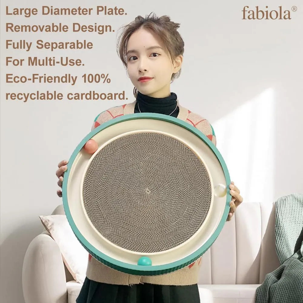 Large green circular cat scratching board with replaceable core and integrated ball toys