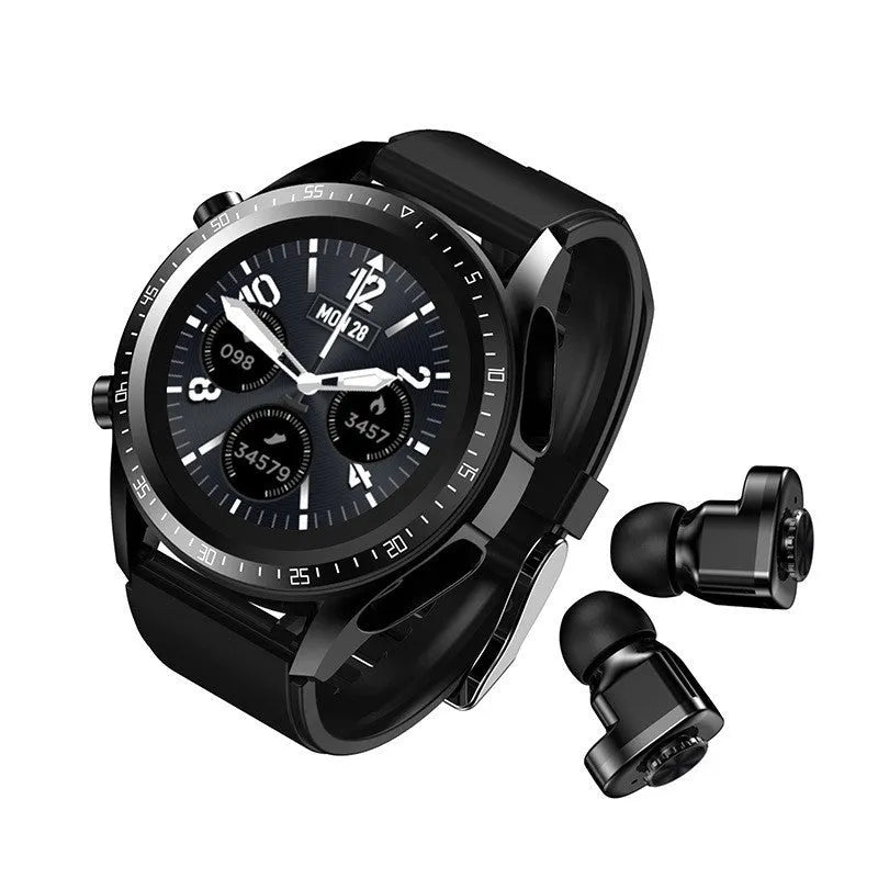 Black smart watch with blood pressure monitor on silicone strap, showing 1.28-inch screen.